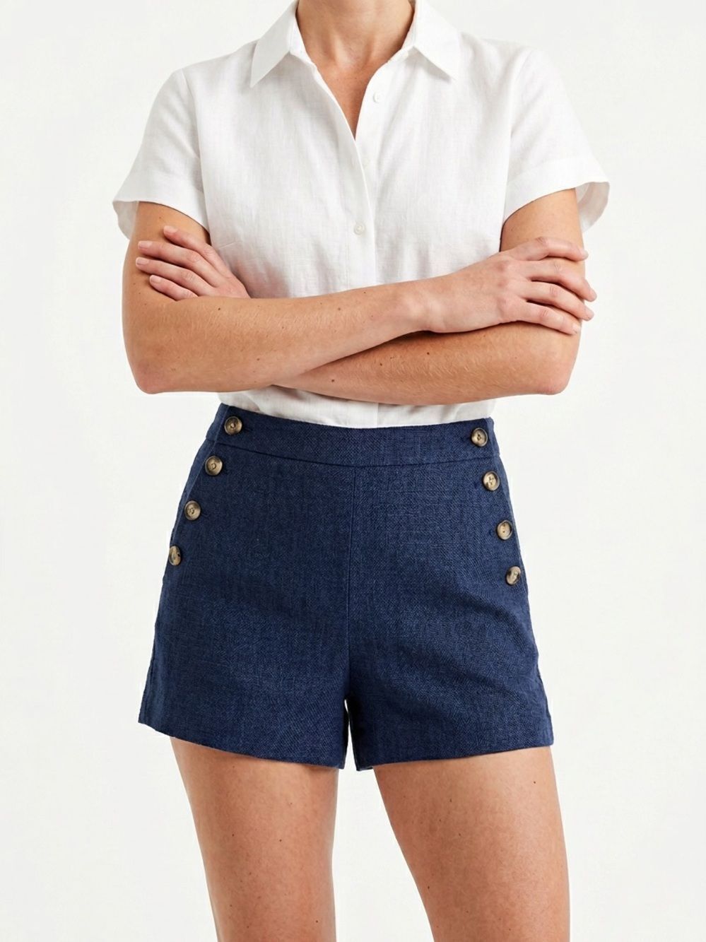 ALICE COLLECTION | Navy High-Waist Button Front Linen Shorts Women’s Size 4